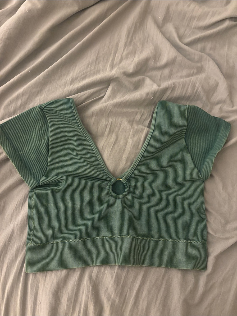 Ribbed V-Neck Crop Top with Ring Detail